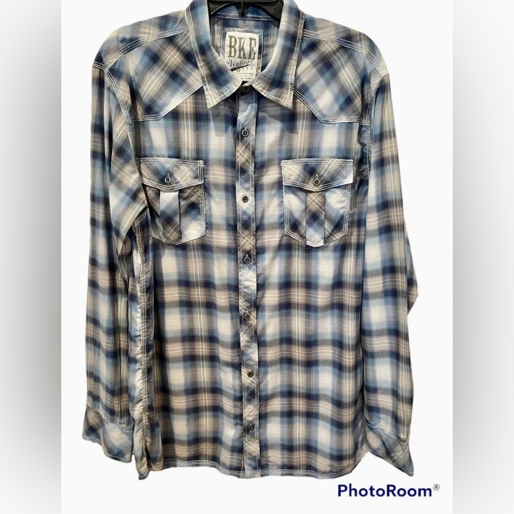BKE Vintage ‘67 Shirt Mens Size 2 XL Button down plaid Buckle